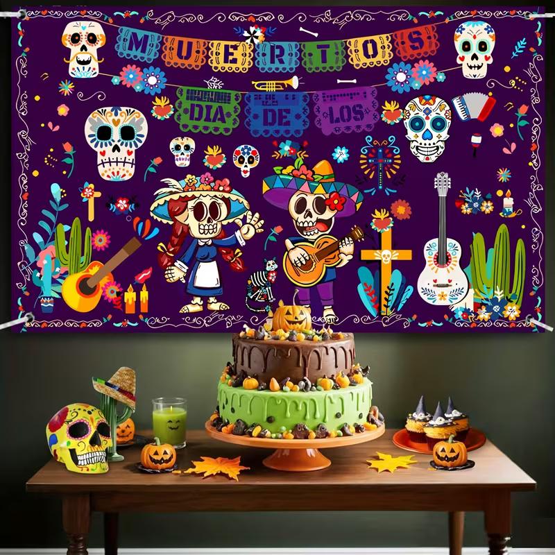 2D Dia De Los Muertos Backdrop, Day of the Dead Sugar Skull Photography Background Banner