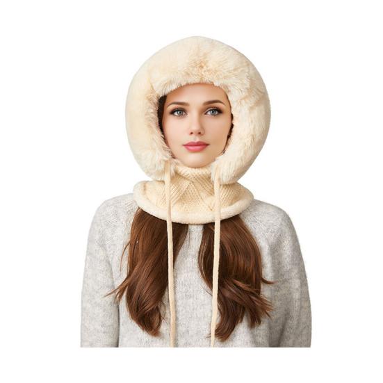 Winter Headgear with Scarf Face Guard Solid 3 In 1 Hat Color Adjustable Drawstring Windproof Hat