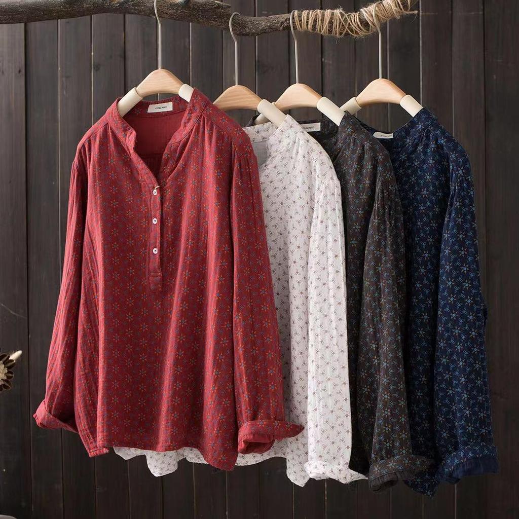 Cotton Yarn Print Blouses for Women Autumn Japan Style Long Sleeve V Neck Vintage Printed Shirts Middle Aged Women Clothing