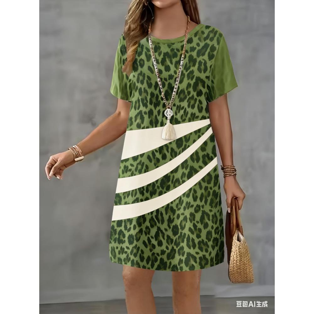 Short-sleeved fashionable yellow leopard print 3D printed women's round-neck loose mini dress for casual wear