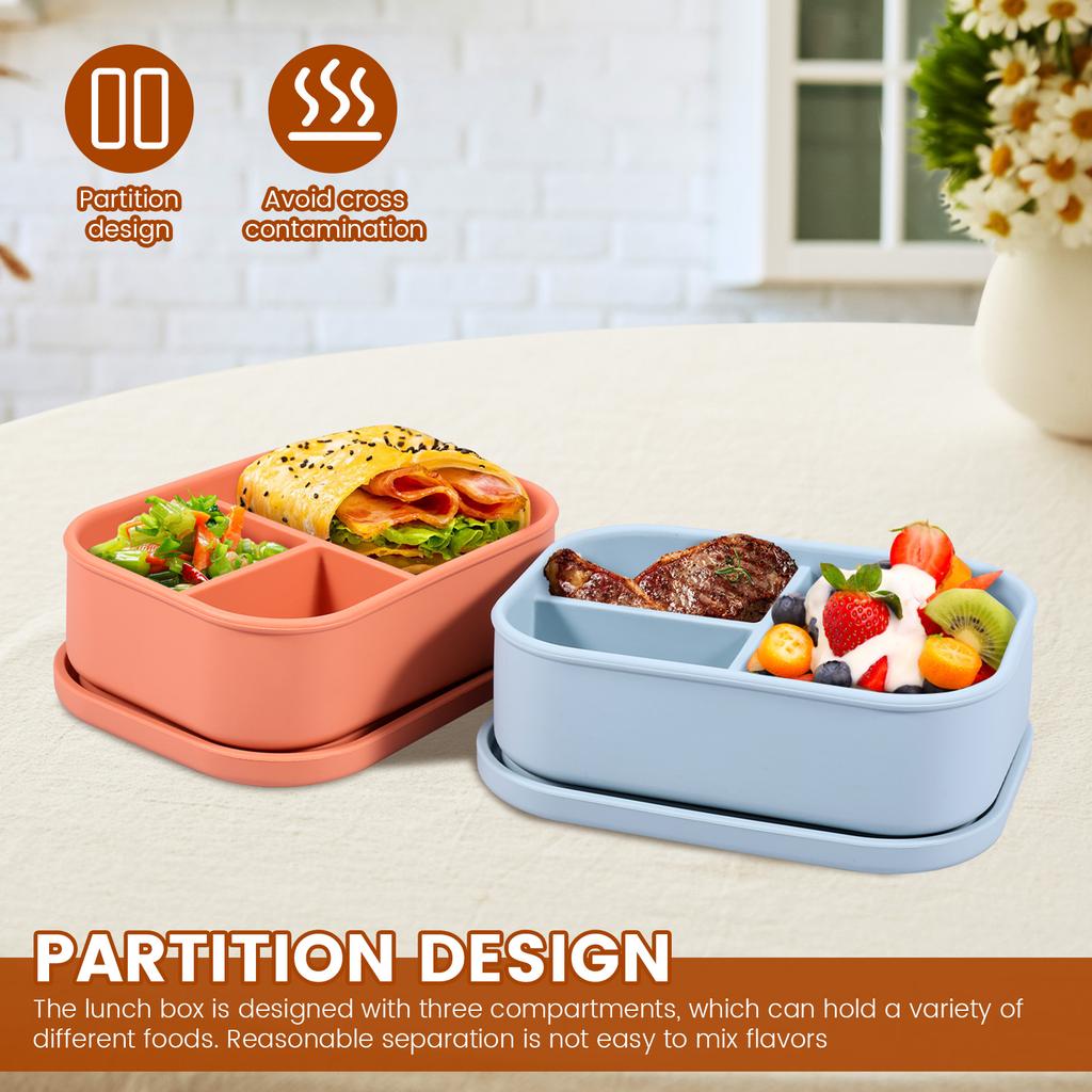 2Pcs Silicone Food Box with 3 Compartment Reusable Food Container Microwave Safe Meal Prep Box for Work Office and On The Go