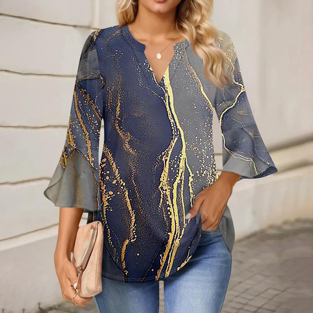 3/4 Sleeve Shirts For Women's Fashion Casual Round Neck Printed T-Shirt Top