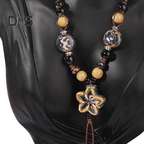 Vintage Bohemian Ceramic Bead Necklace Braided Rope Flower Long Y Necklace Handmade Retro Jewelry Gift for Women