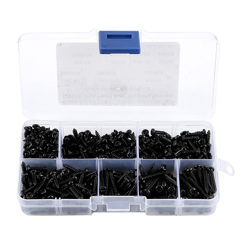 500pcs Durable Metal M3 Screw Kit Black Finish Cross Head Self Tapping Screw Fastener Round Head Pan Head Screw Hardware