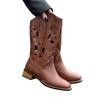 Brown retro western cowboy boots women's new hollow mid boots embroidered knight boots thick heel martin boots