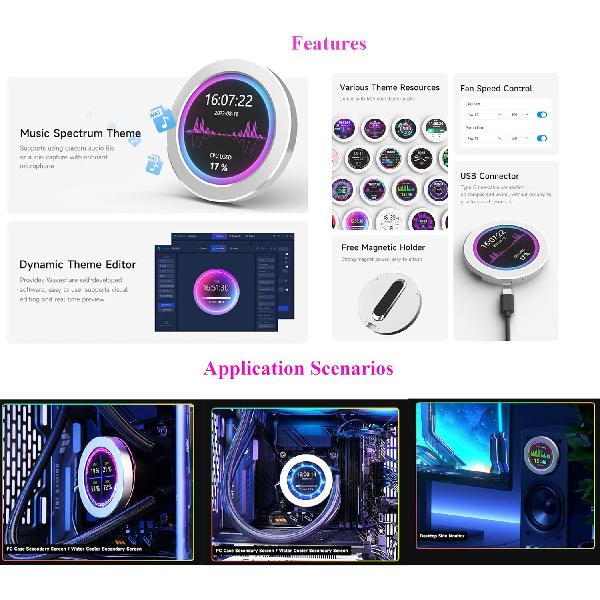 2.1inch USB Monitor 480×480 Pixel-Water Cooler Screen/PC Case Secondary Screen/Desktop RGB Ambient Screen, with Music Spectrum Analysis Function,