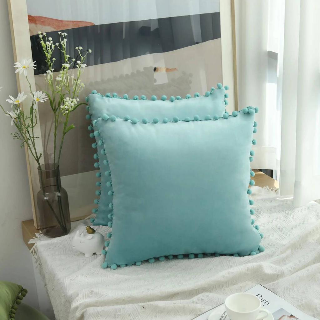 Velvet Pillow Cover with Ball Lace, Soft Cushion Cover, Monochrome, Modern and Simple, Fur Ball, 30x50, 40x40, 50x50, 65x65cm