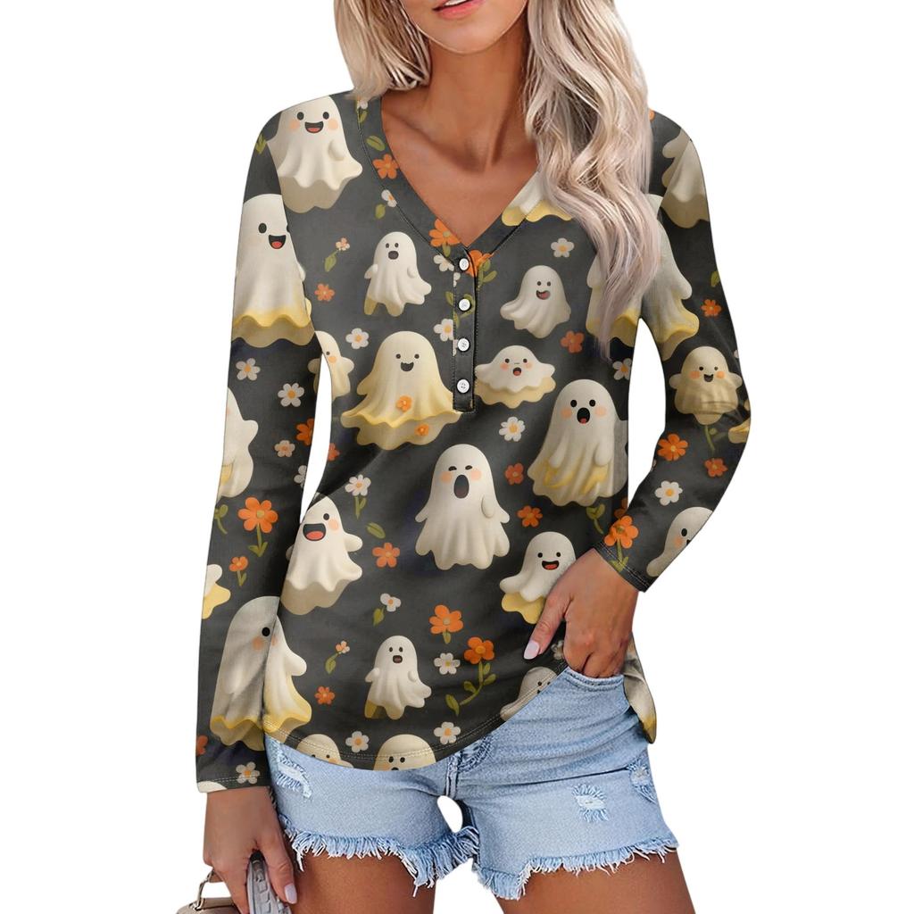 Women's Casual Fashion Sexy Comfort Halloween Printed V-Neck Button Long Sleeve