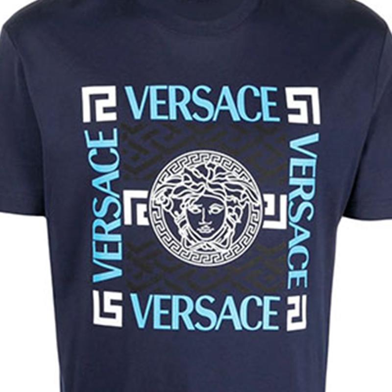 VERSACE T-Shirts Men's Blue Crew Neck Moderate Straight Fit 10042071-A03047-1U830