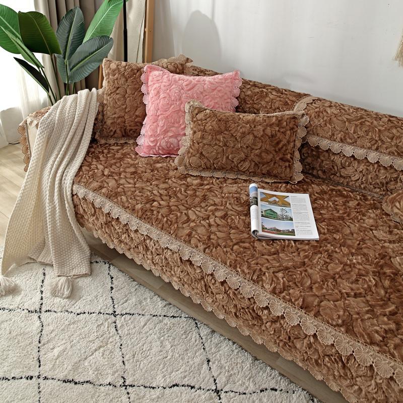 Modern Rose Plush Sofa Cover 5 Seater Solid Thickened Corner L Shape Leather Couch Slipcover Lace Armchair Furniture Protector