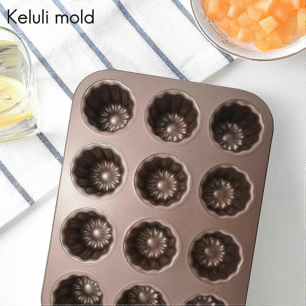 Canele Mold Cake Pan, 12-Cavity Non-Stick Cannele Muffin Bakeware Cupcake Pan for Oven Baking(Champa Edition 0630