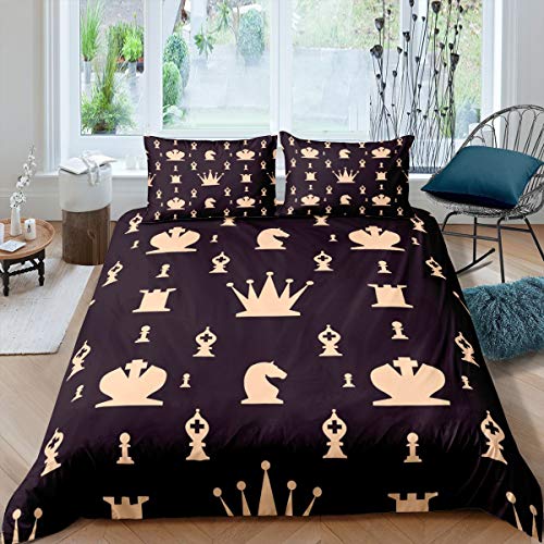 International Chess Duvet Cover Set Black White Lattice Checkerboard Comforter Cover Competition Game for Kids Teens Bedding Set