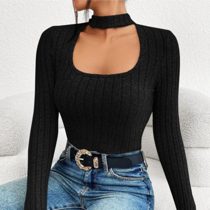 

IHUASU Женская осенняя футболка премиум-класса Feeling с индивидуальным воротником и U-образным вырезом, длинными рукавами, в полоску, из шерстяной трикотажной ткани L чёрный