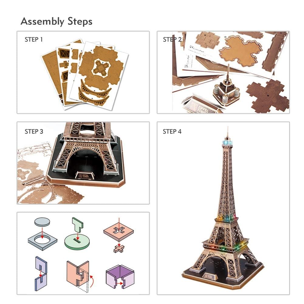 ASSYME Cubic Fan 3D Puzzle Craft Kit No Glue or Tools Required Eiffel Tower L091h (with LED)