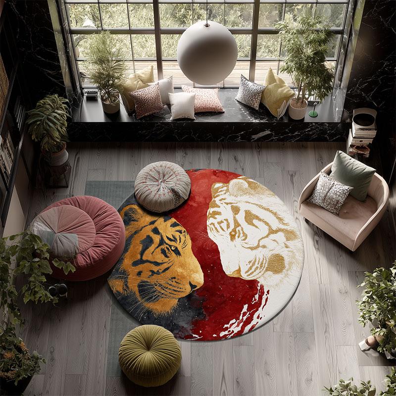 Double Tigers pattern round rug,Carpet Rug for Living Room Bedroom Playroom ,Non-slip Floor Mat,Holiday Gifts and Birthday Gifts.