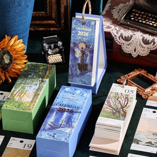 2026 Vintage European Style Oil Painting Flip Calendar Desktop Flip Calendar with Butterfly Charm Aesthetic Desk Organizer for Home Living Room Decor