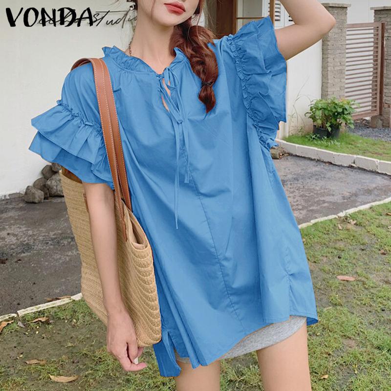 VONDA Women Summer Lace-up Neck Flounces Sleeve Casual Ruffled Long Blouse