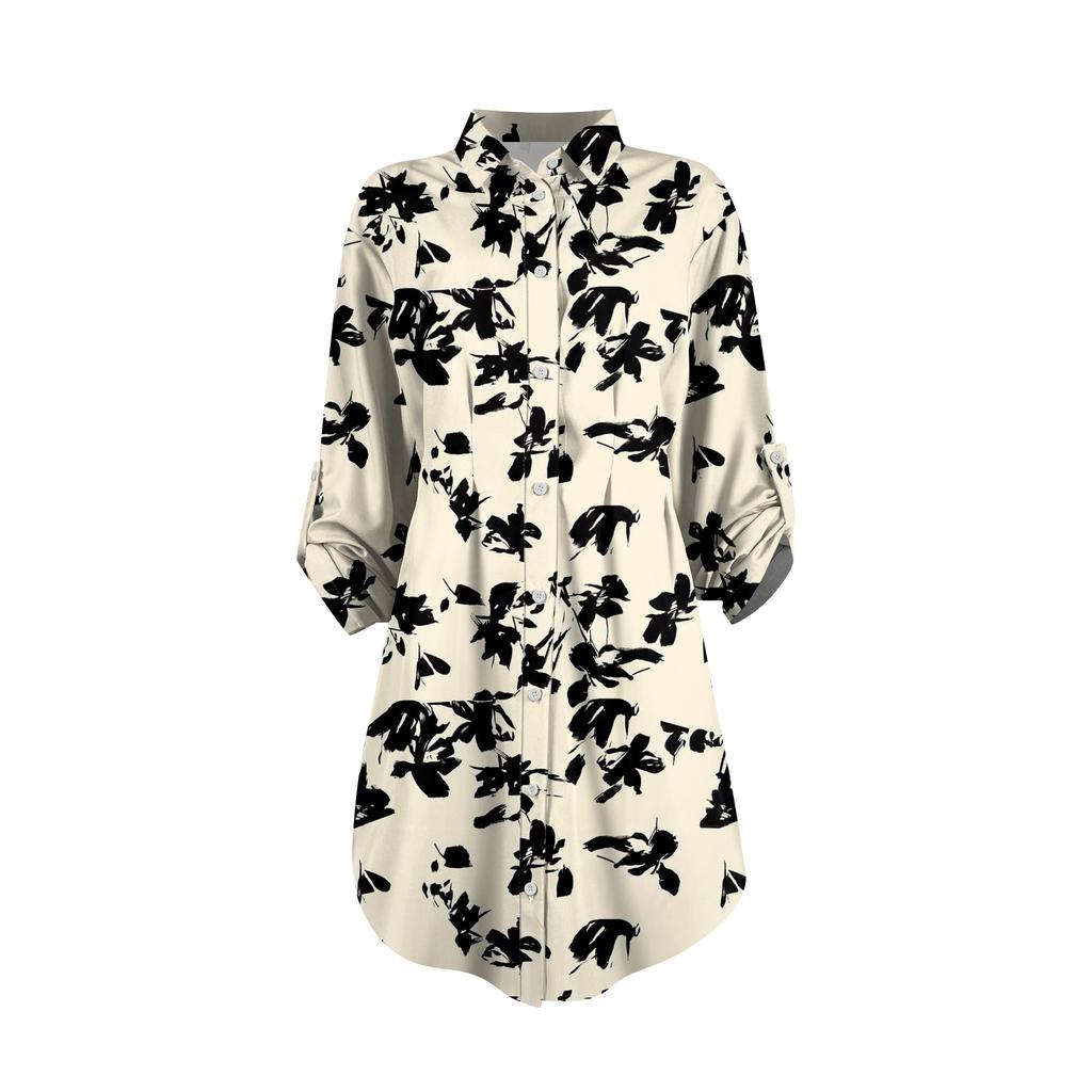 Damen Locker sitzendes V-Ausschnitt Langarmkleid Druck Arbeitshemdkleid