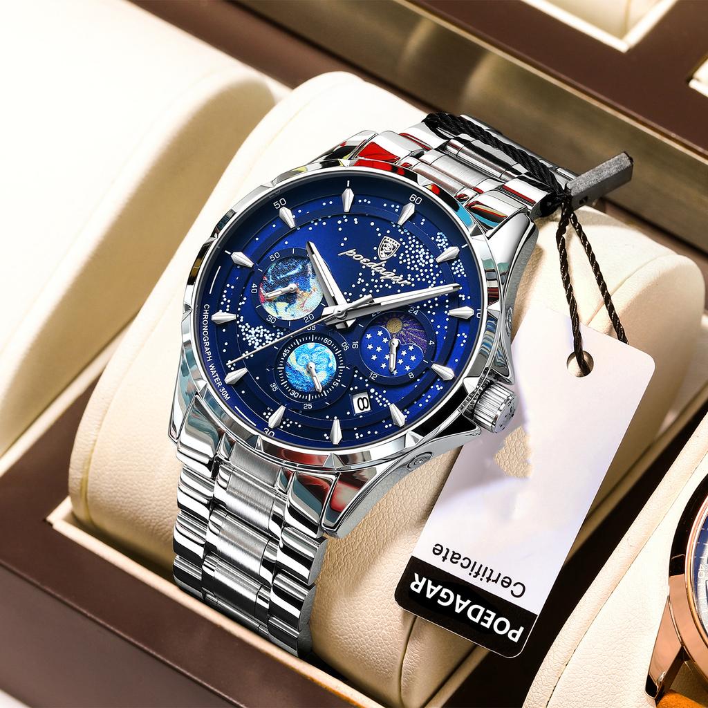 Ceas de mână de lux pentru bărbați Blue Sky Luminous Waterproof Cronograf Dată Ceas pentru bărbați Oțel inoxidabil Ceasuri cu cuarț pentru bărbați