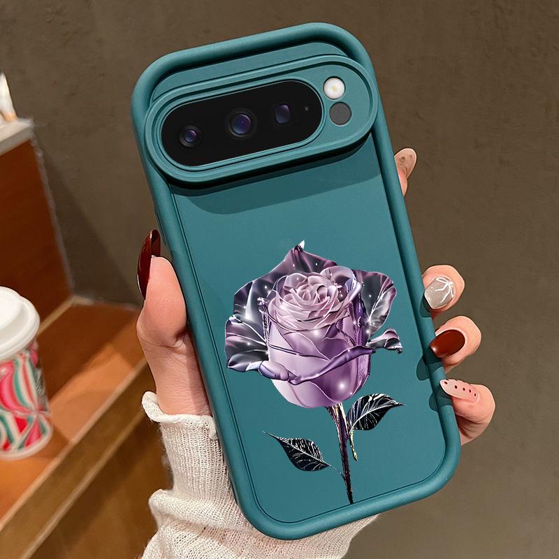 Crystal Rose Flower Pattern Soft TPU Matte Case For Google Pixel 9 Pro XL 8 Pro 8A Solid Color Shockproof Lens Protection Phone Cover