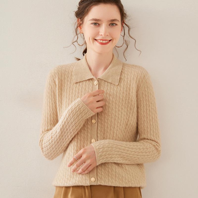 Women's Twist Pattern Polo Collar Wool Cardigan - Autumn/Winter Slim Fit Cashmere Knit Sweater
