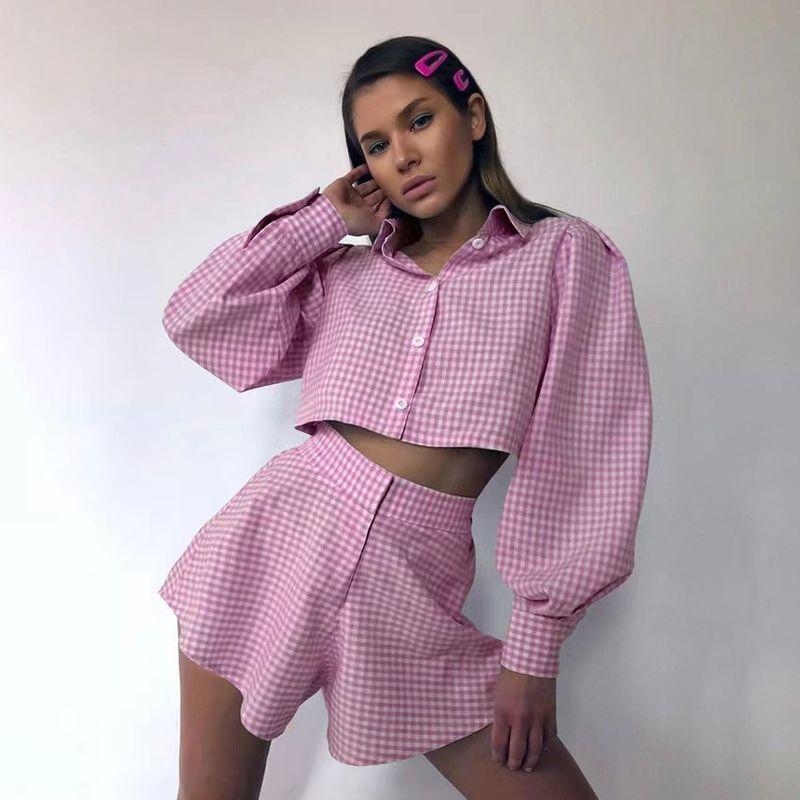 

European and American Lantern Sleeve Plaid Shirt+shorts Suit Pink M