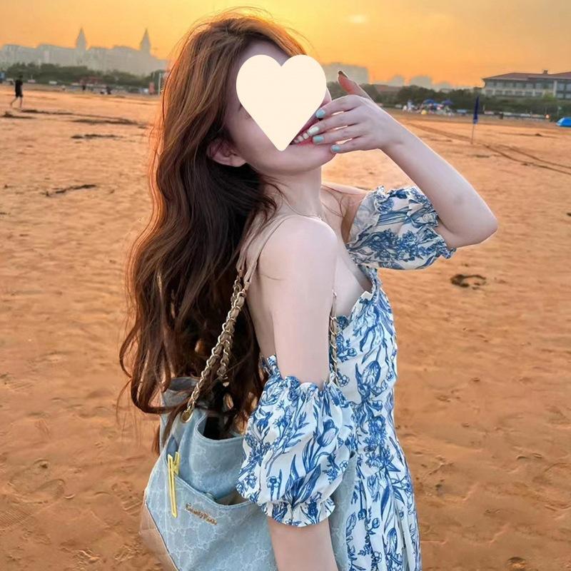 One-word Shoulder Off-the-shoulder Long Dress Floral Dress Summer New Sanya Travel Seaside Vacation Beach Dress