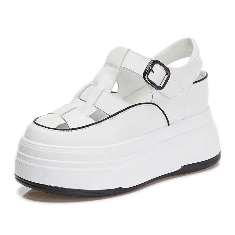 Fashion 7cm Hollow Genuine Leather Breathable Sandals Summer 2024 Women Casual Shoes Platform Wedge Chunky Sneakers Shoes Flats Leisure