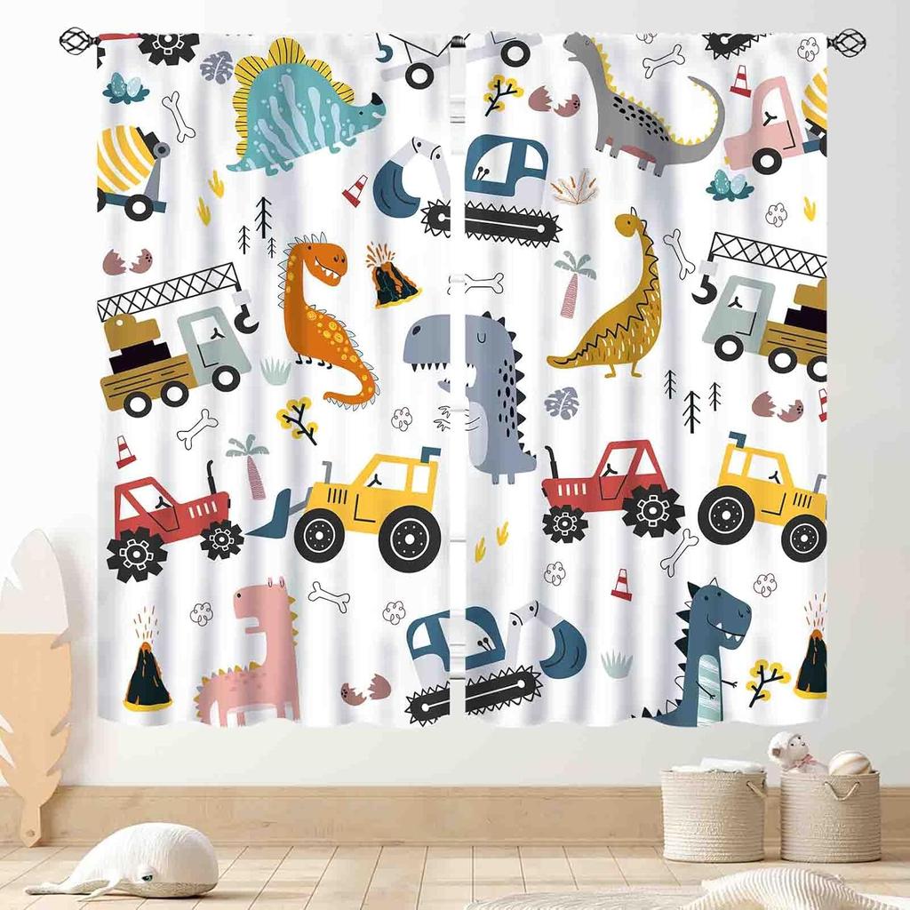 Kids Dinosaur Curtains For Boys Room, Cartoon Dino Funny Cute Dinosaur Safari Animals Colorful Window Treatments Drapery For