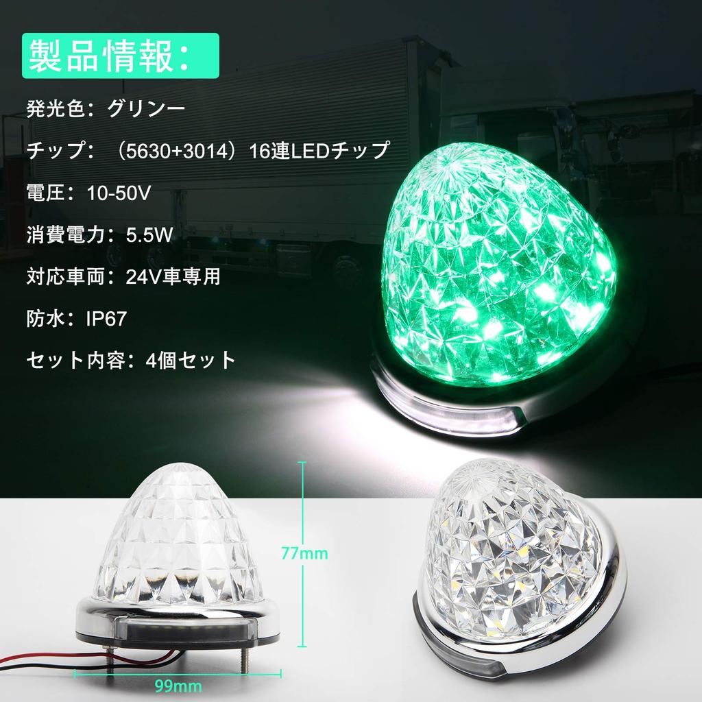 REPTICO LED Side Marker 24V Truck Roadside Green Clear Crystal Cut LED Marker High Color Selection Easy Resistant PC Set of 4 Set of Lamps, Lights,