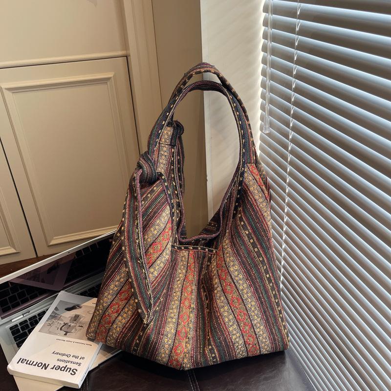 Lazy wind tote bag large capacity women's new retro oblique span bag fashionable versatile canvas bag striped shoulder bag