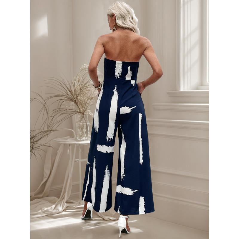 Vacation Wide-leg Pants Summer Printed Strapless Jumpsuit