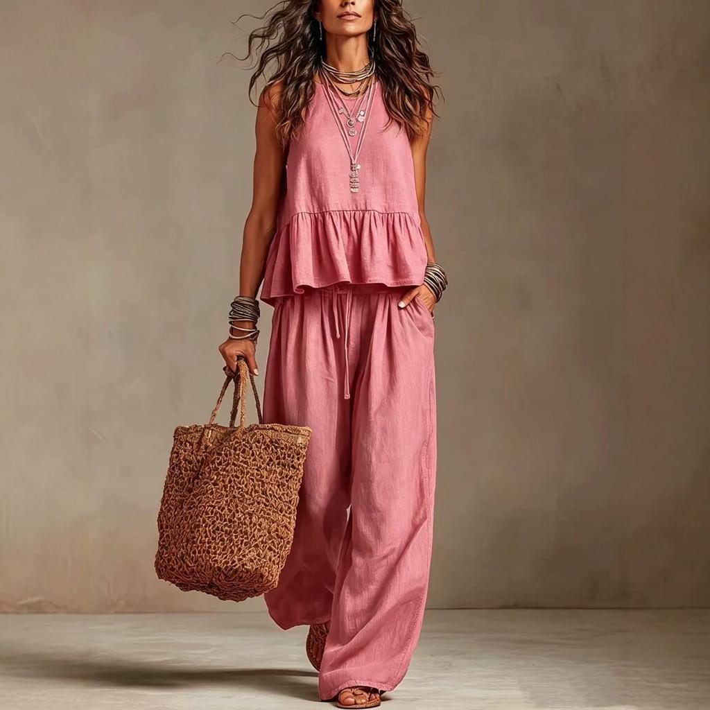1116 New Summer European and American Women's Clothing Simple Casual Cotton and Linen Lotus Leaf Edge Sleeveless Wide Leg Set
