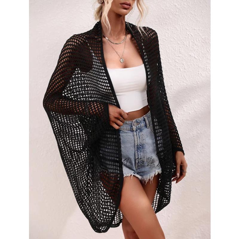 Women Sun Protection Shawl Lady Summer Hollow Out Knit Cardigan Holiday Solid Bikini Blouse Breathable Beach Cape Sexy Tippet Tops