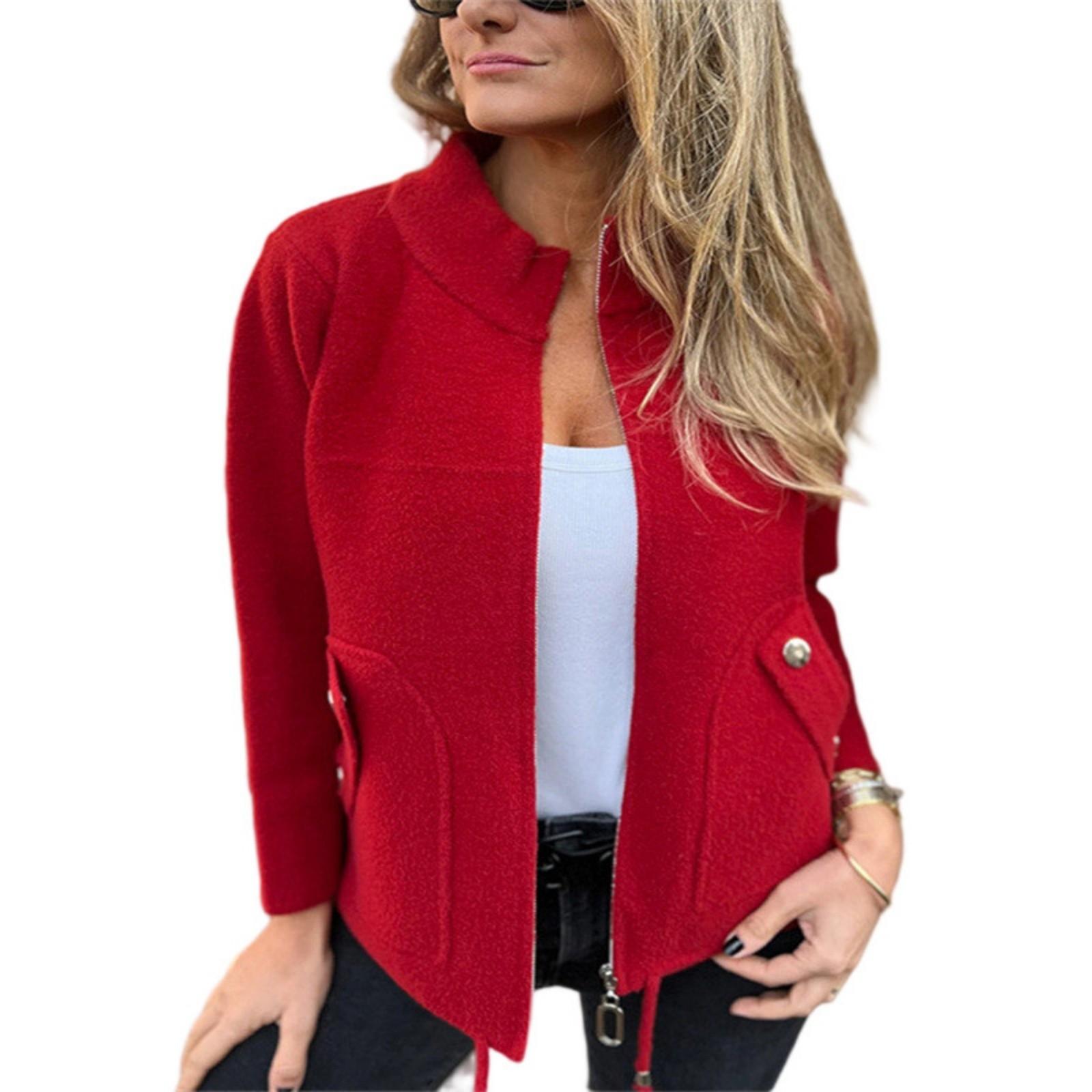 

Fashionable Winter Women s Casual Woolen Lapel Drawstring Fake Pocket Suit Jacket L красный