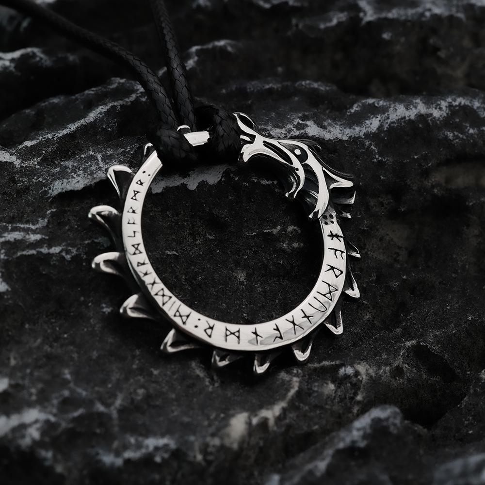 Vintage Stainless Steel Men's Norse Rune Dragon Pendant Necklace
