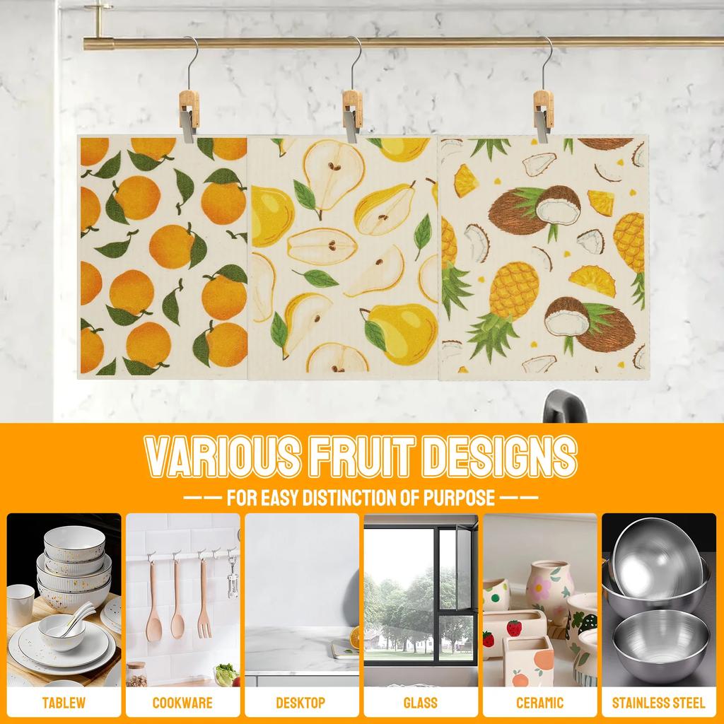 6/8Pcs Swedish Dishcloths Cellulose Cotton Fruit Style Kitchen Dish Towels Non Scratch Absorbent Cleaning Cloth for Dish Bowl