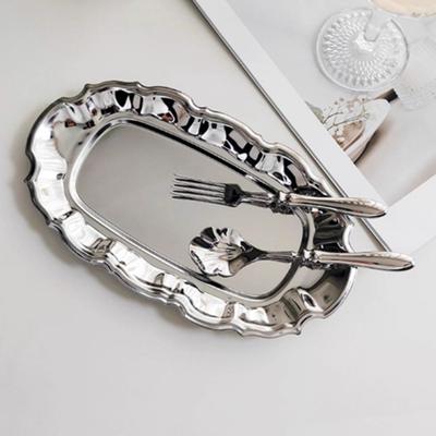 Wavy Edge Vintage Display Tray Mirror Face Embossed Dessert Storage Plate Silver Irregular Shape Embossed Cake Tray