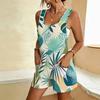 Women Plus Size Scoop Neck Sleeveless Abstract Leaf Print Loose Short Romper With Patch Pockets