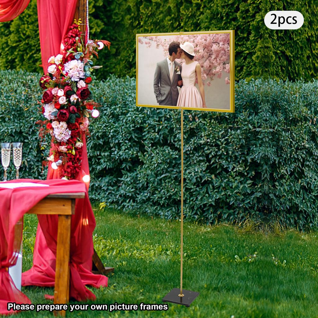 2-piece 63in High Adjustable Gold Floor Standing Logo Stand, Festival Promotion Signs with Marble Base, Wedding Party Decoration