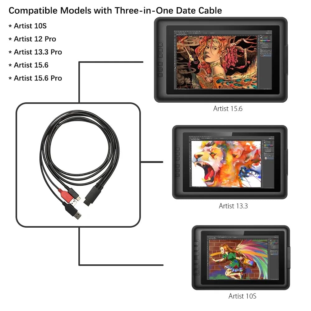 3-in-1 Cable Compatible with Artist 10S, Artist 12 Pro, Artist 13.3 Pro, Artist 15.6, and Artist 15.6 Pro Drawing Tablets