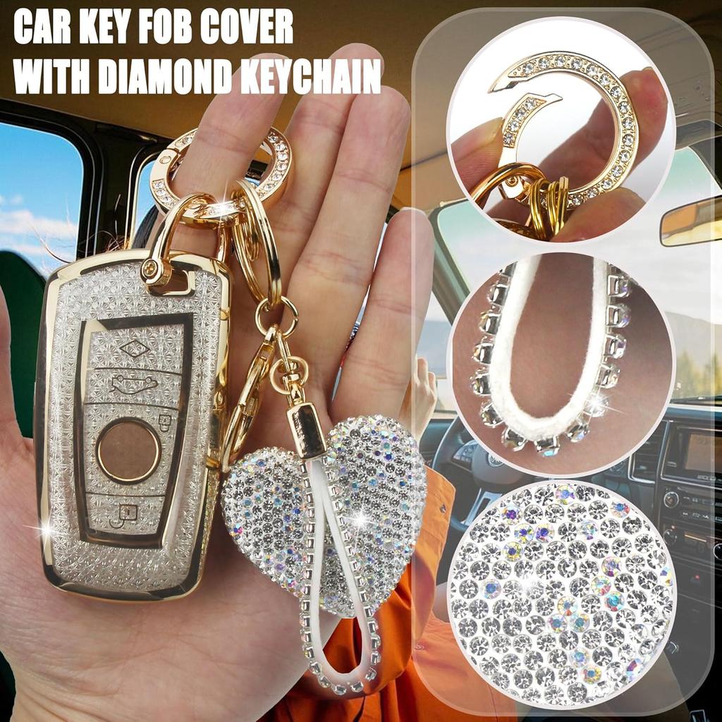 Key Fob Cover with Diamond Keychain, Car Key Shell for Women, Compatible with BMW X1 X3 X4 X5 X6 1 2 4 5 6 7 M3 M5 M6 GT3 GT5 G30 F10 F15 F16 F20