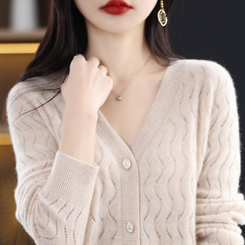 Early spring new cardigan women's thin outer V-neck solid color jacquard hollow coat sweater knitted top women