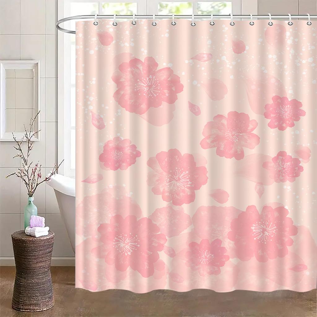 1Pc Warm Pink Pattern Shower Curtain, High-End Elegant Bathroom Curtain, Multi-Functional Curtain, Bathroom Decorative Curtain