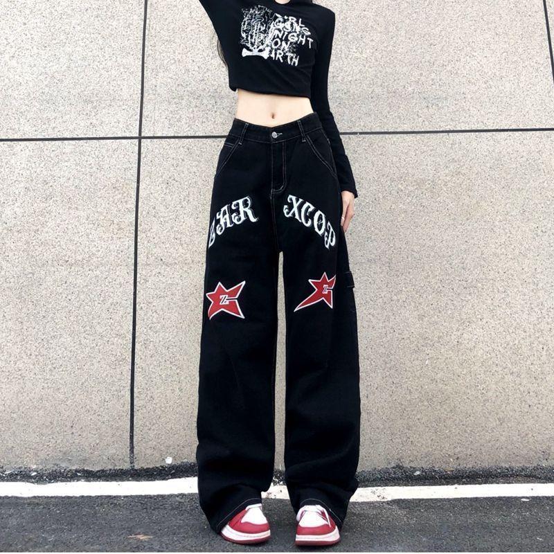 Dame Y2K Streetwear Vintage brede ben jeans Stjerner Brevtrykk Uformelt vår Høst Mote Harajuku løse rette bukser
