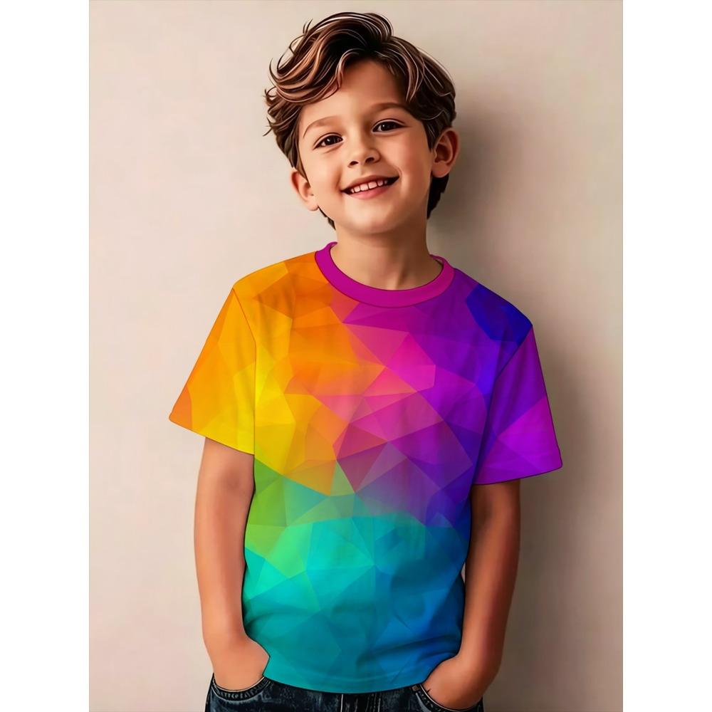 Boys outdoor casual sports round neck short-sleeved T-shirt, rainbow gradient geometric print T-shirt, 100