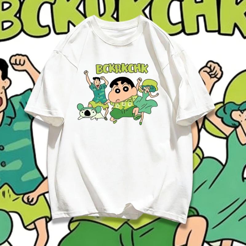 

2026 Summer Comic Form Crayon Shin-chan Image 100% Cotton Printed Oversize Casual T-shirt Adult Children Parent-child Top Y2k. 150 белый