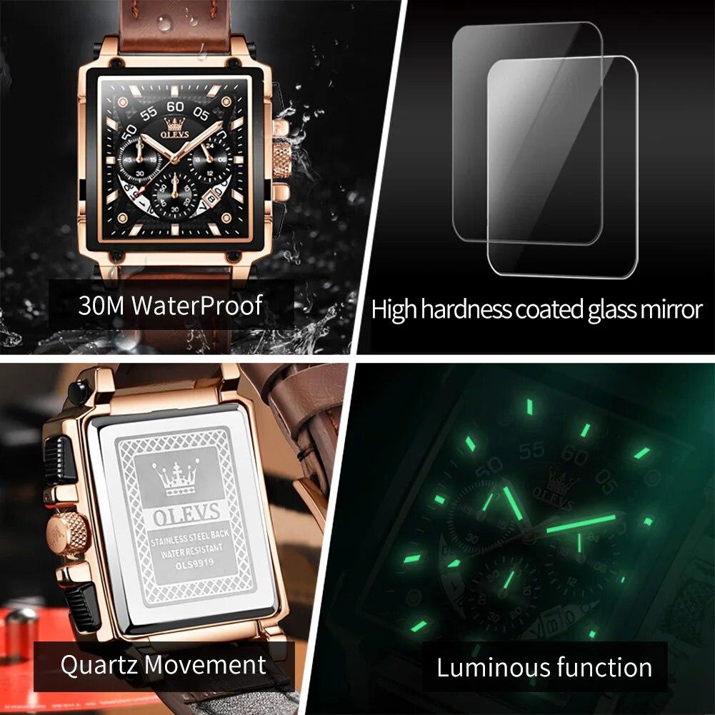 OLEVS 9919 Herrenuhr Mode Quadratisches Zifferblatt Lederarmband Chronograph Wasserdichte Sportuhr Luxus Original Quarz Armbanduhr Mann