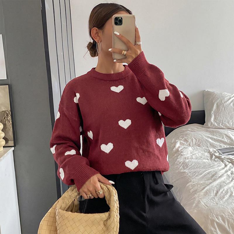 TEMU Europe 2026 Autumn/Winter Mature Style Knitwear: Heart Jacquard Round Neck Loose Sweater