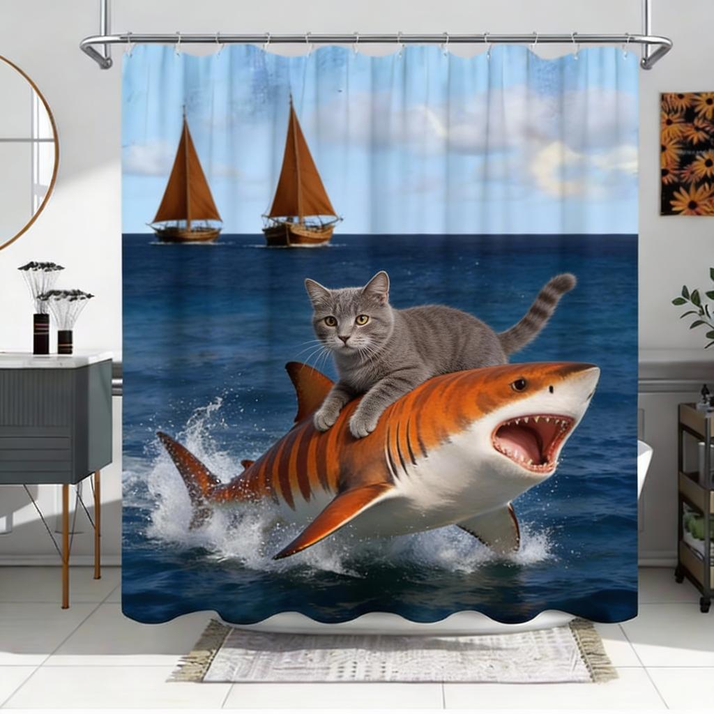 Unique Cat Riding Shark Shower Curtain - Waterproof, Mildew-Resistant With Ocean Adventure Design For A Quirky And Fun Bathroom